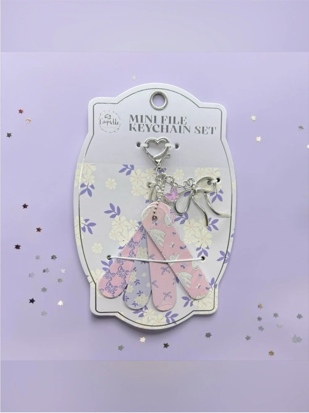 Pink & Purple Floral Mini Nail File Keychain Set w/Charms/NIP